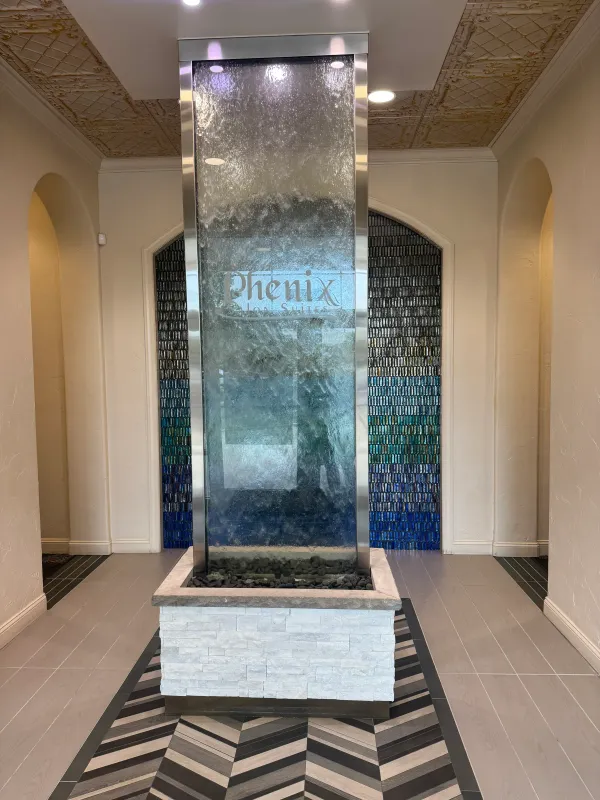 The water wall in the lobby, straight ahead as you walk in