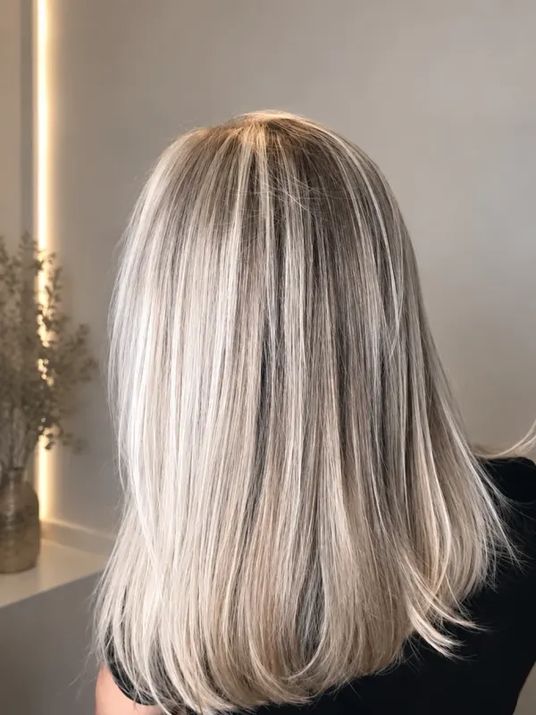 Ash blonde run cool to the ends on a long blunt cut, seen from the back