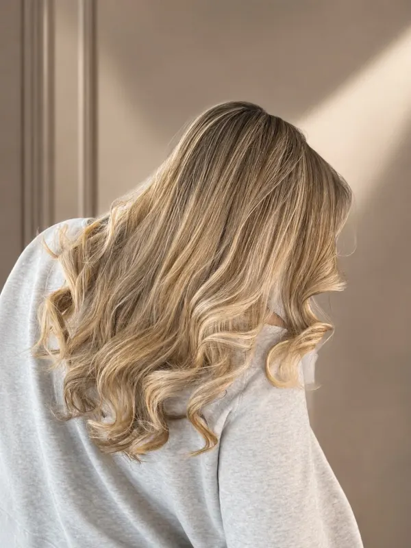 Beige blonde from behind, cool ends broken out of a warm root