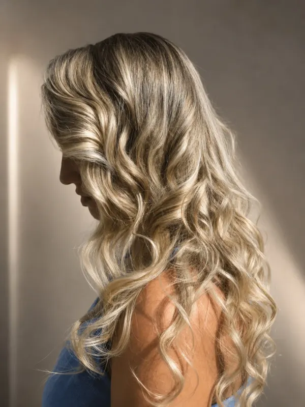 Blonde curls worn long and loose, lit from the side