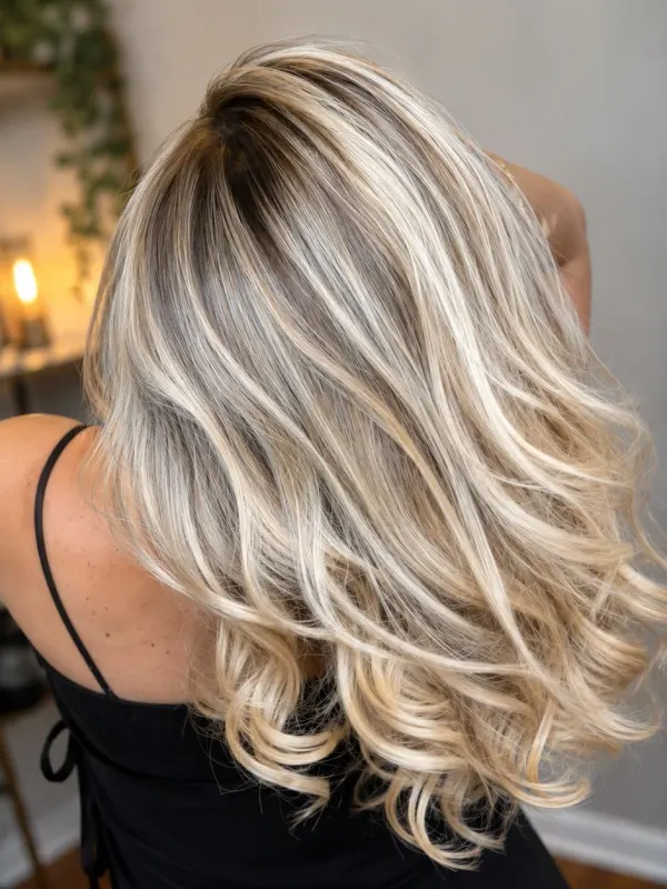 Blonde lob set in soft waves that fall just past the shoulder