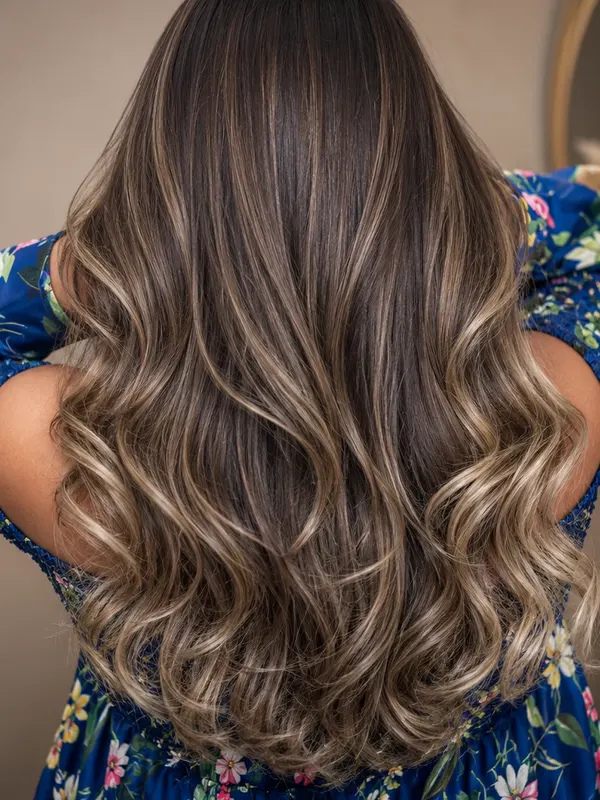 Brunette balayage hand painted down the back and finished in wide waves