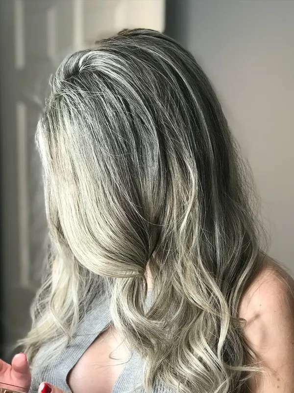 Full highlights in a silver blonde, seen from the back through the length