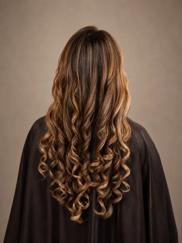 Long curls set one by one, balayage following the curl down the back