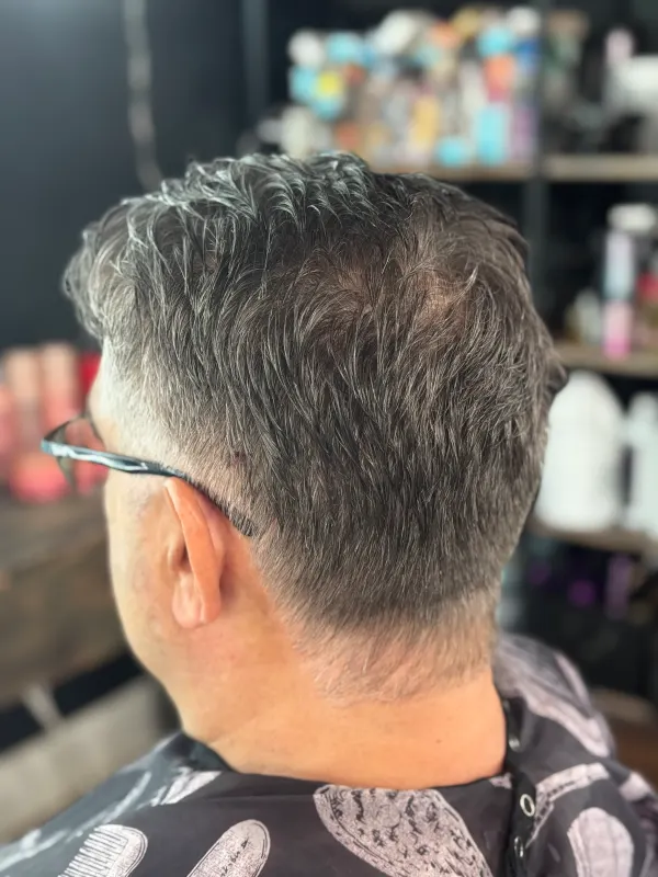 Mens cut on natural gray, kept short at the sides with length left on top