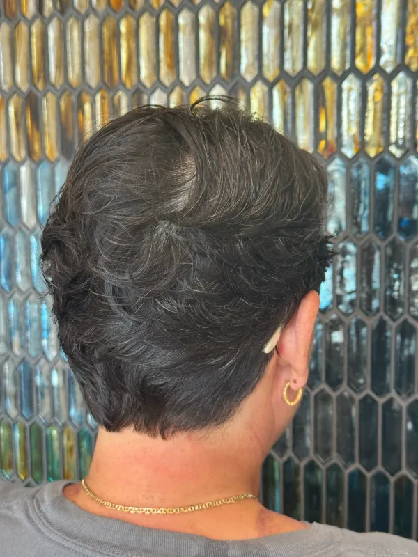 Short dark pixie from the back, layered through the crown and tapered into the nape